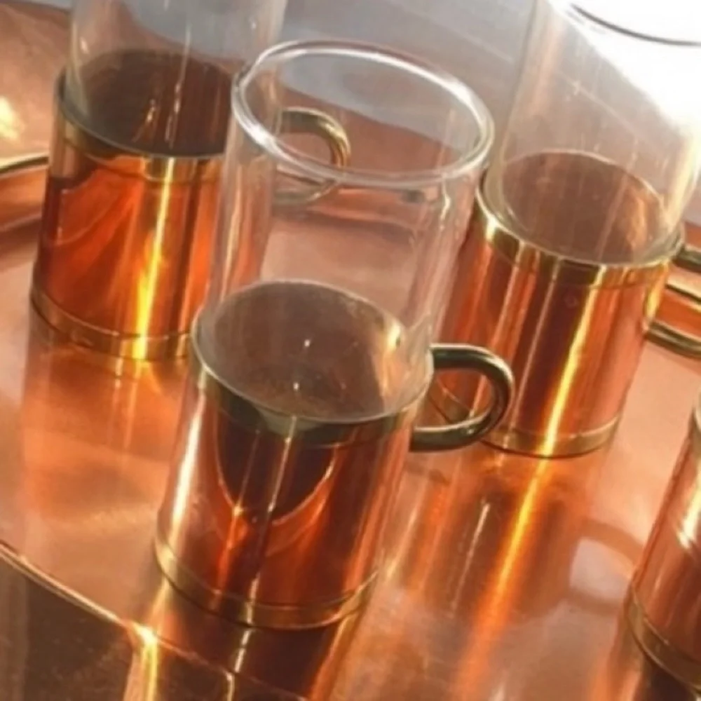 BEUCLER COPPER AND BRASS IRISH COFFEE SET OF FOUR 4 GLASSES VINTAGE